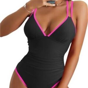 Black & Pink Trim One-Piece Swimsuit